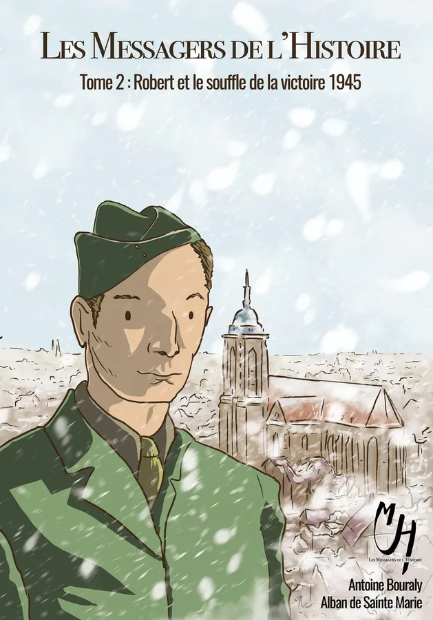 Couverture du Tome 2 : un soldat sous la neige devant un clocher.