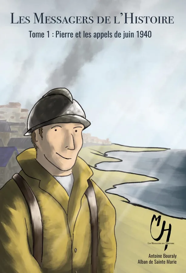 Couverture du Tome 1 : un soldat casqué devant une plage de Normandie.