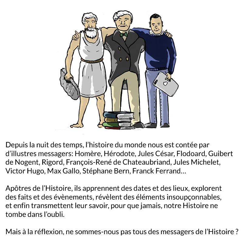 Trois messagers de différentes époques — un Grec antique, un homme du XIXe siècle et un homme d'aujourd'hui — debout sur une pile de livres.