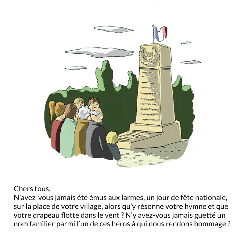 Un rassemblement devant un monument aux morts surmonté du drapeau français.
