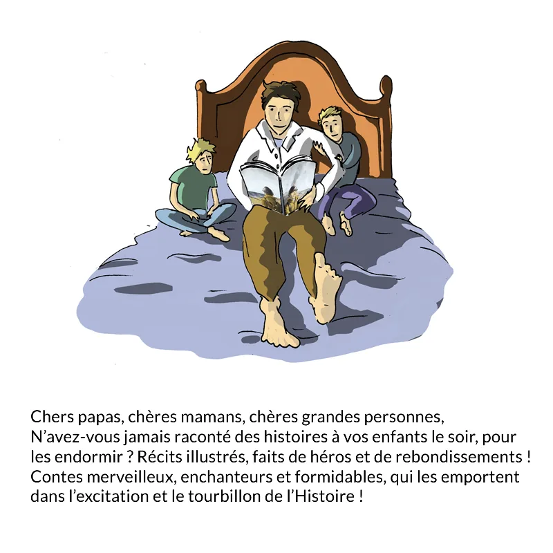 Un parent lisant une histoire du soir à deux enfants blottis dans un lit.