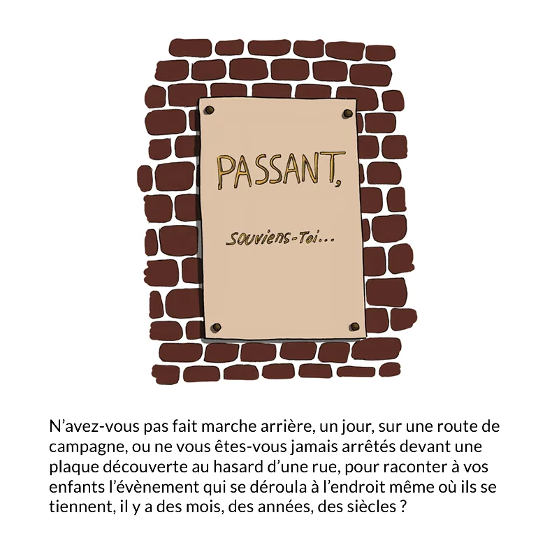 Une plaque commémorative sur un mur de brique portant les mots « Passant, souviens-toi… ».