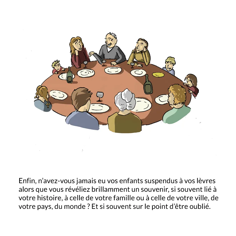 Un repas de famille vu de haut, convives de tous âges autour d'une grande table.