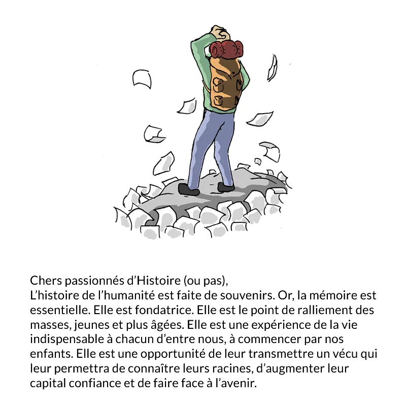 Un adulte soulevant un enfant à bout de bras au milieu de pierres et de gravats.