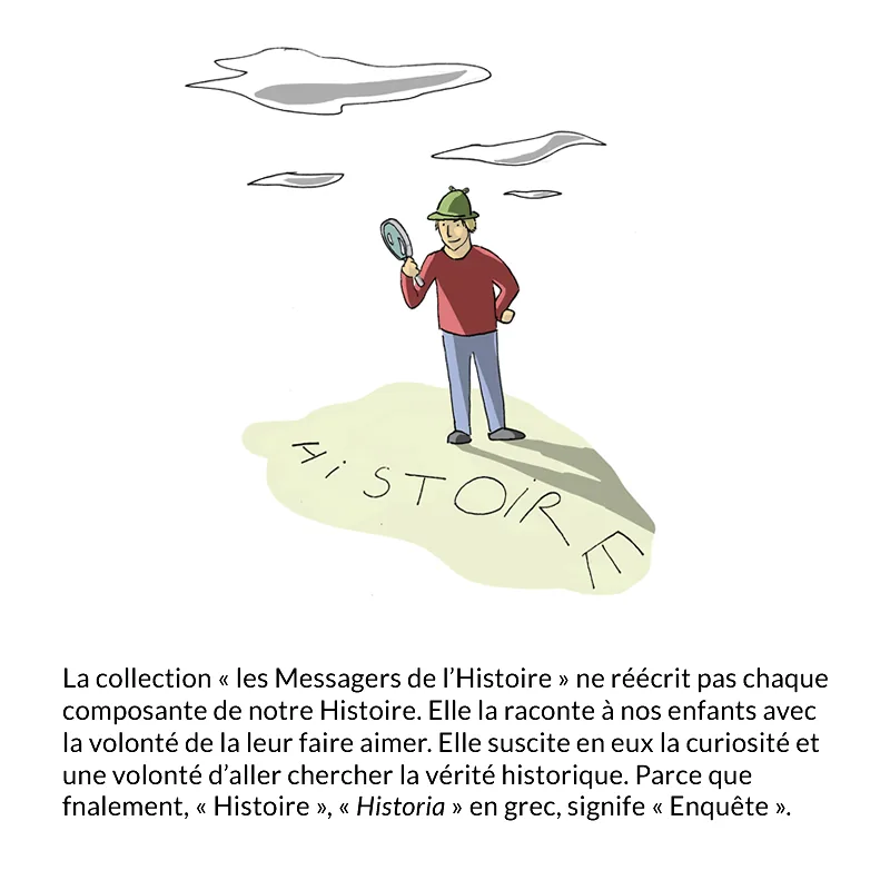 Un enfant explorateur à la loupe, penché sur le mot « Histoire » écrit dans le sable.