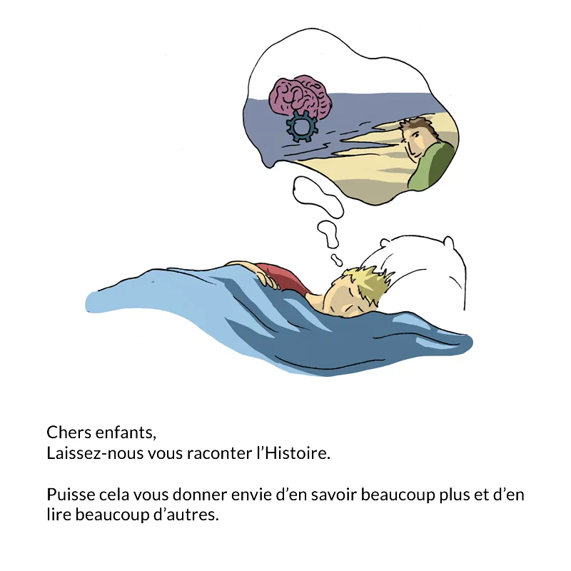 Un enfant endormi rêvant d'une scène de guerre et d'un soldat.
