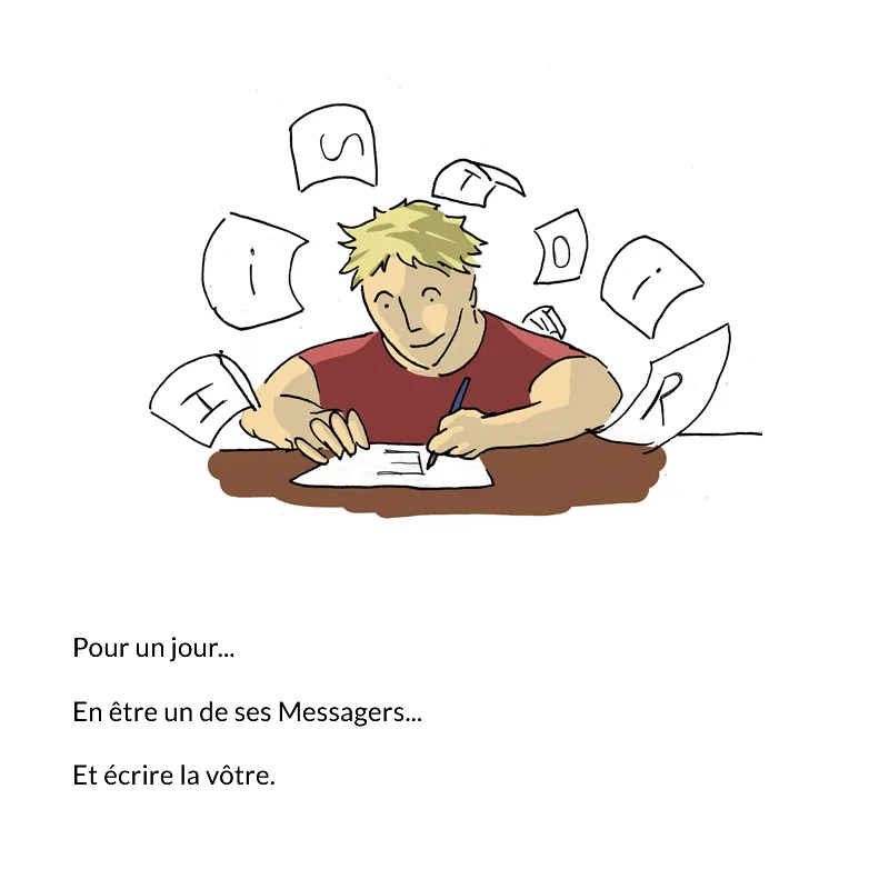 Un enfant écrivant à son bureau, les lettres du mot « Histoire » voletant autour de lui.
